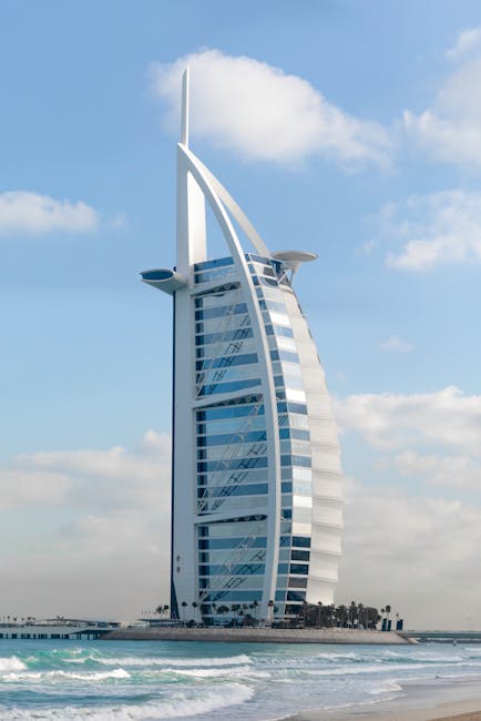 Stunning view of the iconic Burj Al Arab hotel against a clear blue sky in Dubai, UAE.
