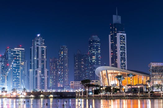 Stunning view of Dubai's illuminated skyline with modern skyscrapers reflecting on water at night.